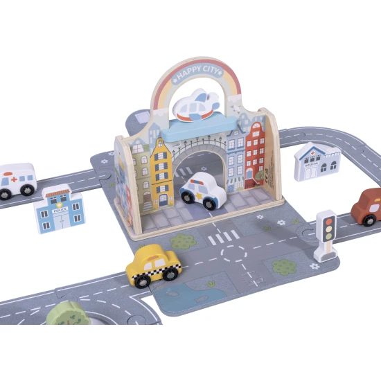 Mesto sada v kufríku s dráhou Tooky Toy – drevené mesto s cestou, autíčkami a doplnkami