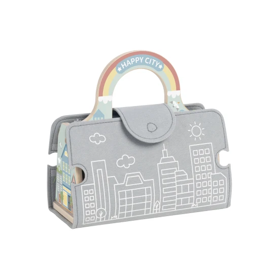 Mesto sada v kufríku s dráhou Tooky Toy – drevené mesto s cestou, autíčkami a doplnkami