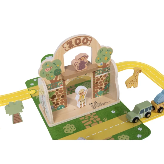 Zoo sada v kufríku s dráhou Tooky Toy – drevená cestovná hra so zvieratkami, autíčkami a doplnkami