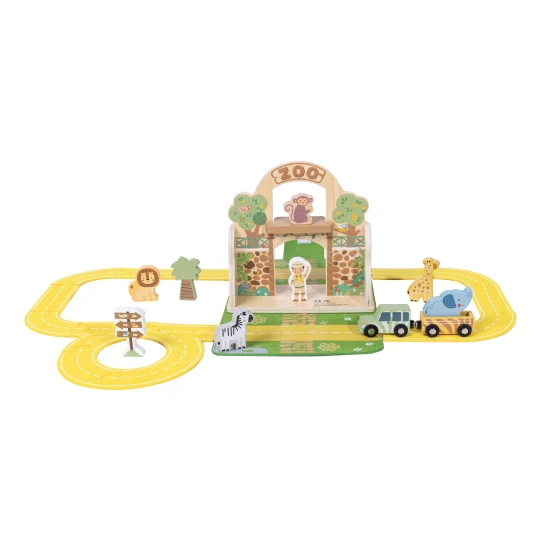 Zoo sada v kufríku s dráhou Tooky Toy – drevená cestovná hra so zvieratkami, autíčkami a doplnkami