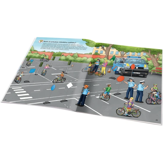 Samolepkový zošit pre deti – Polícia: Ako? Prečo? Čo? – farebná obálka a samolepky s policajtmi, autami a scénami z každodenného života polície