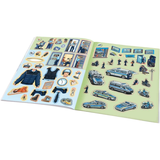 Samolepkový zošit pre deti – Polícia: Ako? Prečo? Čo? – farebná obálka a samolepky s policajtmi, autami a scénami z každodenného života polície