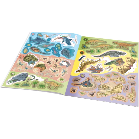 Samolepkový zošit pre deti – Dinosaury: Ako? Prečo? Čo? – farebná obálka s dinosaurami, sopkami a 300+ samolepkami na dotváranie scén a úloh