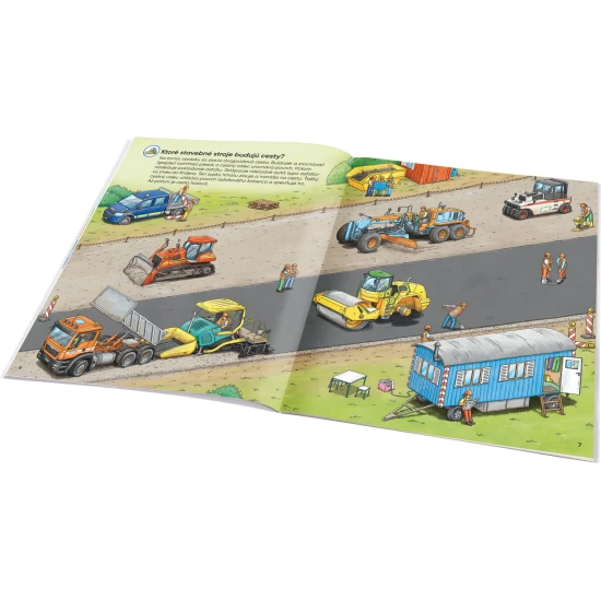 Samolepkový zošit pre deti – Stavebné stroje: Ako? Prečo? Čo? – farebná obálka so strojmi ako bager, miešačka a žeriav, obsahuje 300+ samolepiek a úloh