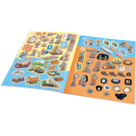 Samolepkový zošit pre deti – Stavebné stroje: Ako? Prečo? Čo? – farebná obálka so strojmi ako bager, miešačka a žeriav, obsahuje 300+ samolepiek a úloh