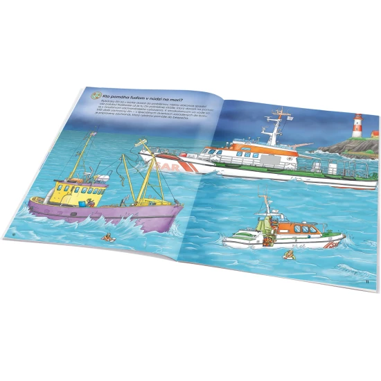 Samolepkový zošit pre deti – Zásahové vozidlá: Ako? Prečo? Čo? – obálka s hasičským autom, policajným vozidlom a sanitkou, 300+ samolepiek