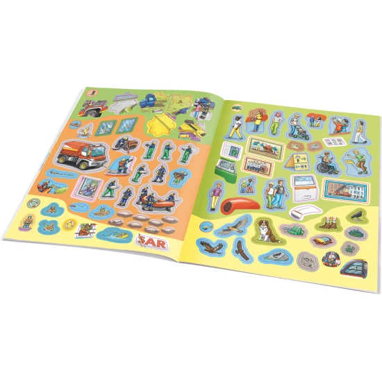Samolepkový zošit pre deti – Zásahové vozidlá: Ako? Prečo? Čo? – obálka s hasičským autom, policajným vozidlom a sanitkou, 300+ samolepiek