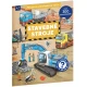 Samolepkový zošit pre deti – Stavebné stroje: Ako? Prečo? Čo? – farebná obálka so strojmi ako bager, miešačka a žeriav, obsahuje 300+ samolepiek a úloh
