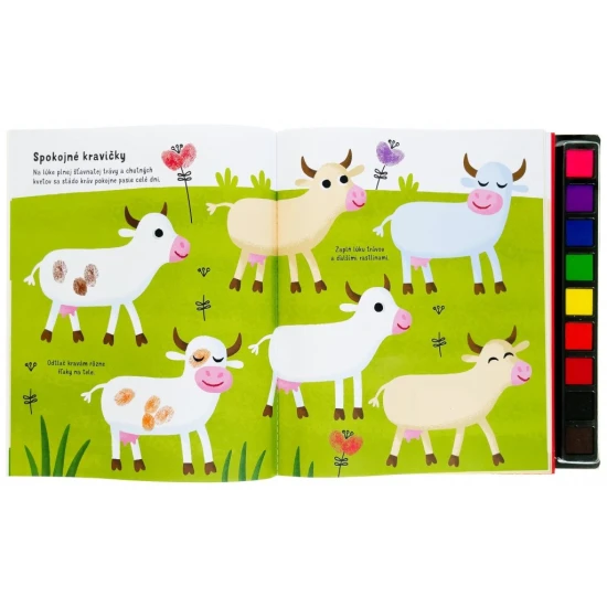 Pustite sa s deťmi do hier s otlačkami prstov - stačí odklopiť viečko z farebných atramentových vankúšikov a zaplniť úlohy v knihe vlastnými výtvormi.