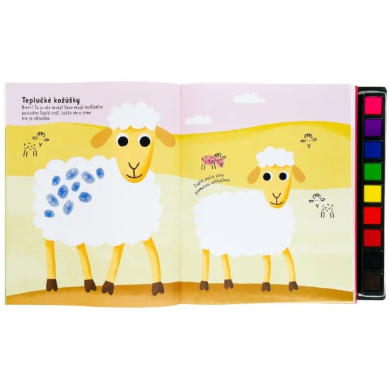 Pustite sa s deťmi do hier s otlačkami prstov - stačí odklopiť viečko z farebných atramentových vankúšikov a zaplniť úlohy v knihe vlastnými výtvormi.