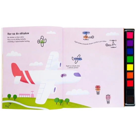 Pustite sa s deťmi do hier s otlačkami prstov - stačí odklopiť viečko z farebných atramentových vankúšikov a zaplniť úlohy v knihe vlastnými výtvormi.