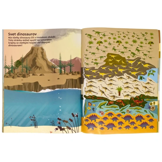 Nálepkový zošit s viac ako 555 samolepkami dinosaurov.