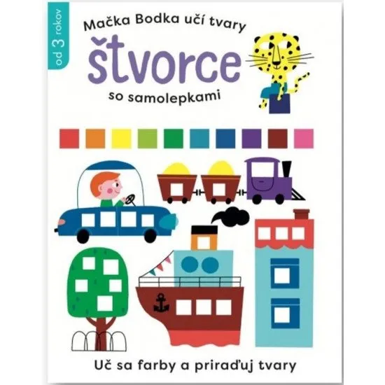 Pracovný zošit so samolepkami štvorcov rôznych veľkostí.