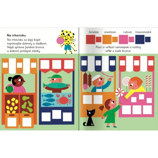 Pracovný zošit so samolepkami štvorcov rôznych veľkostí.