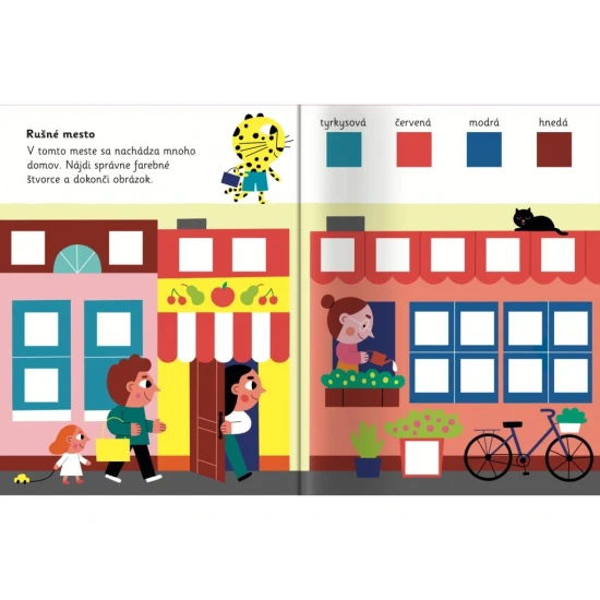 Pracovný zošit so samolepkami štvorcov rôznych veľkostí.