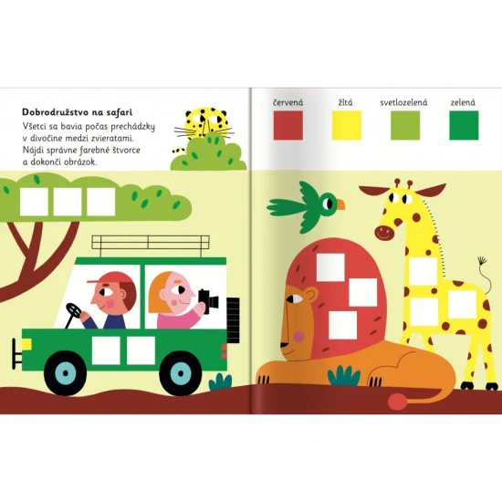 Pracovný zošit so samolepkami štvorcov rôznych veľkostí.