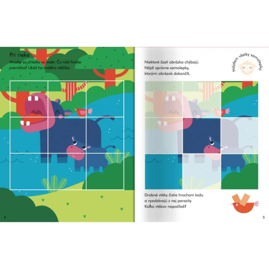 Nálepkový zošit podporujúci dokončovanie zhodných obrázkov.