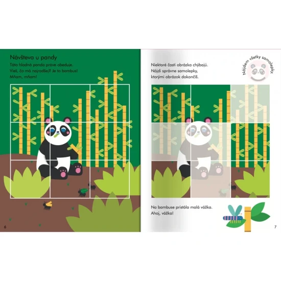 Nálepkový zošit podporujúci dokončovanie zhodných obrázkov.