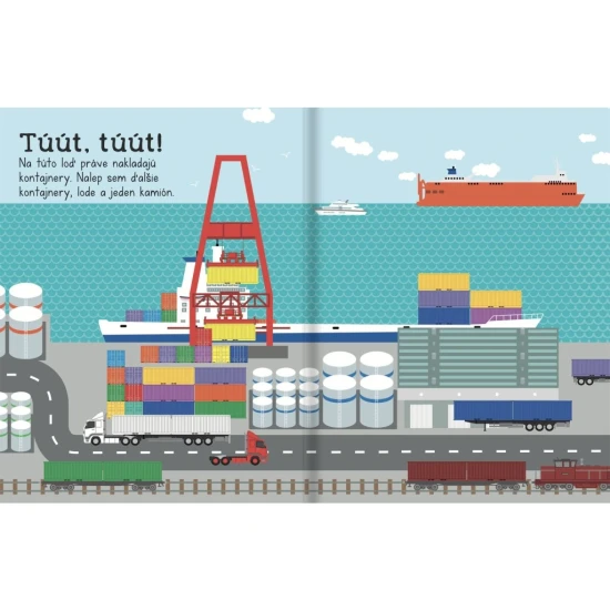 Farebné scenérie s dopravnými prostriedkami a veľkými samolepkami pre deti, pripravené na tvorenie a zábavu.