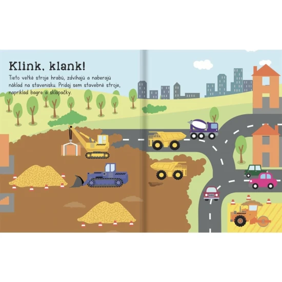 Farebné scenérie s dopravnými prostriedkami a veľkými samolepkami pre deti, pripravené na tvorenie a zábavu.