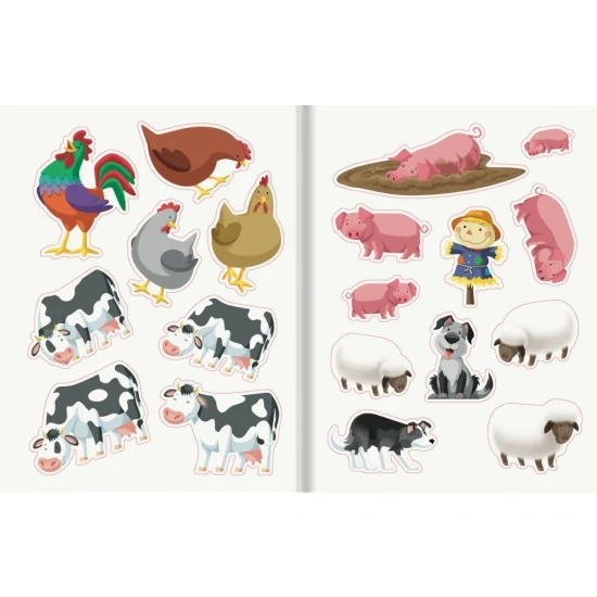 Scenéria z farmy so zvieratami a veľkými farebnými samolepkami, ideálna pre detské tvorivé dobrodružstvo a zábavu.
