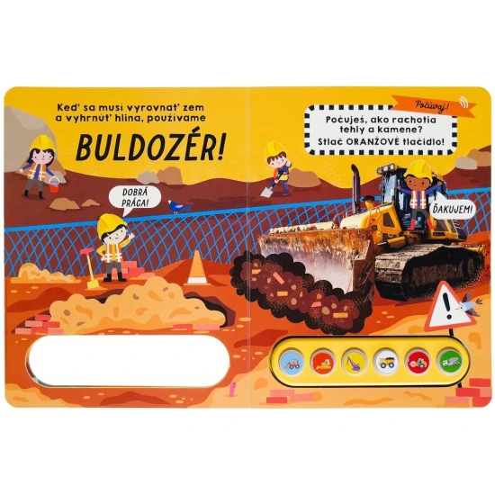 Farebná zvuková kniha so scénou zo staveniska, svietiacimi tlačidlami a robotníkmi, ktorá prináša detským čitateľom zábavné a interaktívne dobrodružstvo na stavbe.