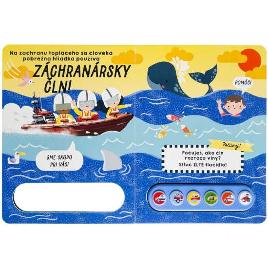 Farebná zvuková kniha so scénou záchranárov v akcii, svietiacimi tlačidlami a záchranárskymi vozidlami, ktorá ponúka deťom zábavné a vzrušujúce dobrodružstvo v núdzových situáciách.