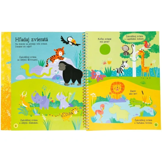 Kniha aktivít Zvieratá s viac ako 80 samolepkami na dokončenie scén a zábavné hry s obrázkami.