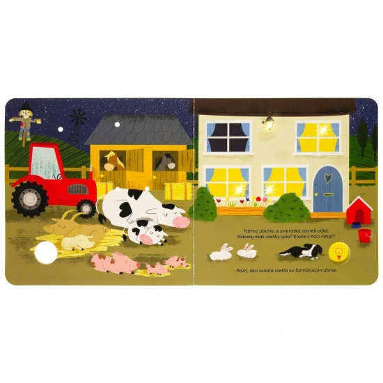 Kniha so svetielkami na farme, deti objavujú zvieratá v noci pomocou svetielok