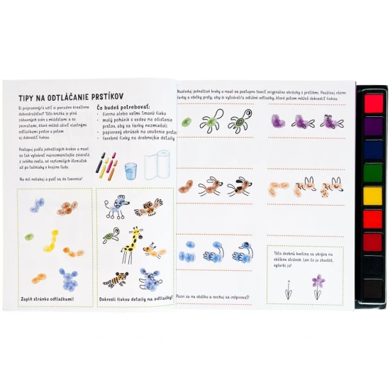 Pustite sa s deťmi do hier s otlačkami prstov - stačí odklopiť viečko z farebných atramentových vankúšikov a zaplniť úlohy v knihe vlastnými výtvormi.
