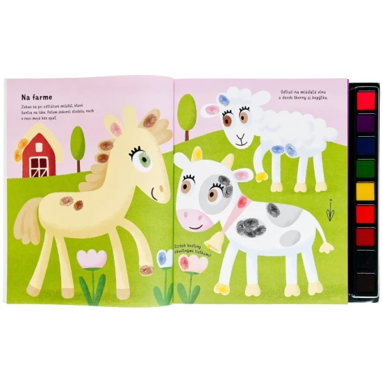 Pustite sa s deťmi do hier s otlačkami prstov - stačí odklopiť viečko z farebných atramentových vankúšikov a zaplniť úlohy v knihe vlastnými výtvormi.