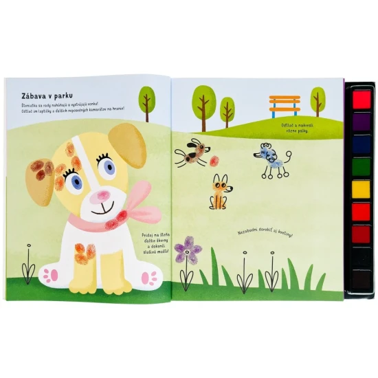 Pustite sa s deťmi do hier s otlačkami prstov - stačí odklopiť viečko z farebných atramentových vankúšikov a zaplniť úlohy v knihe vlastnými výtvormi.