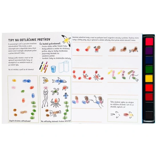 Pustite sa s deťmi do hier s otlačkami prstov - stačí odklopiť viečko z farebných atramentových vankúšikov a zaplniť úlohy v knihe vlastnými výtvormi.