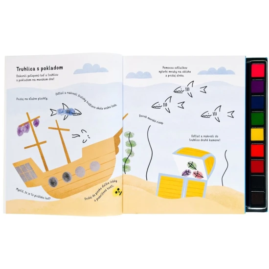 Pustite sa s deťmi do hier s otlačkami prstov - stačí odklopiť viečko z farebných atramentových vankúšikov a zaplniť úlohy v knihe vlastnými výtvormi.