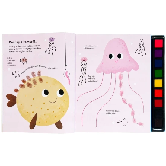 Pustite sa s deťmi do hier s otlačkami prstov - stačí odklopiť viečko z farebných atramentových vankúšikov a zaplniť úlohy v knihe vlastnými výtvormi.