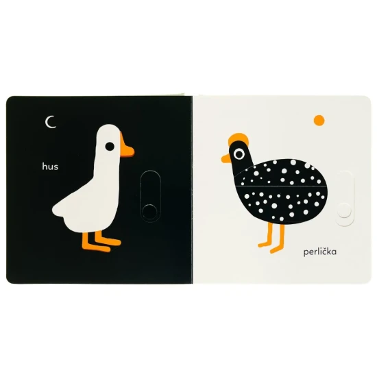 Kontrastné leporelo pre deti so zvieratkami z farmy, podporujúce zrak a hmat.