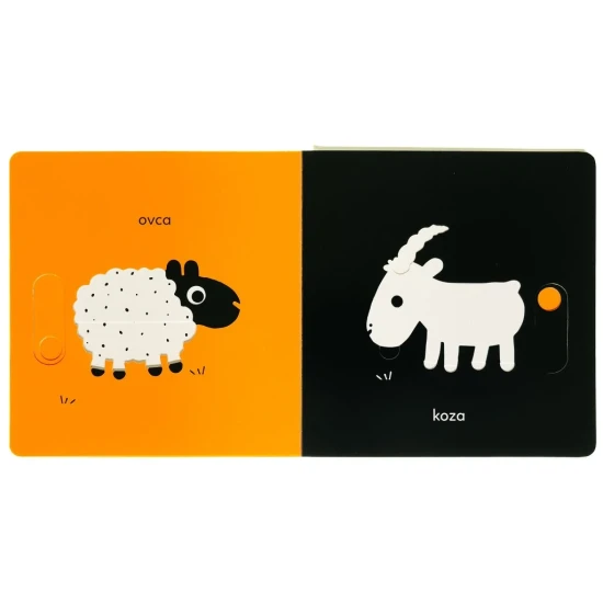 Kontrastné leporelo pre deti so zvieratkami z farmy, podporujúce zrak a hmat.