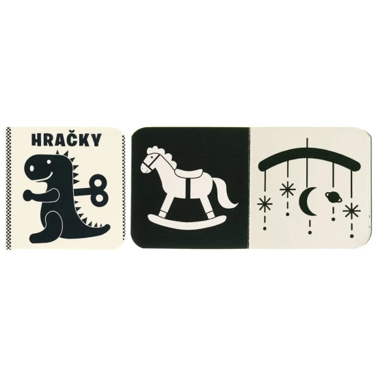 Knižnička s piatimi čiernobielymi leporelami na tému zvieratá, tvary, predmety a iné. Praktický box kontrastných knižiek pre bábätká.