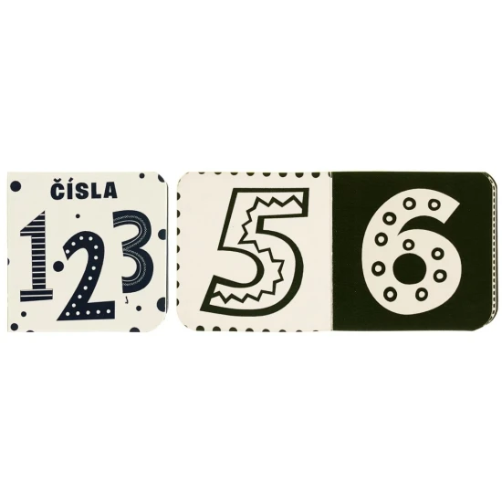 Knižnička s piatimi čiernobielymi leporelami na tému zvieratá, tvary, predmety a iné. Praktický box kontrastných knižiek pre bábätká.