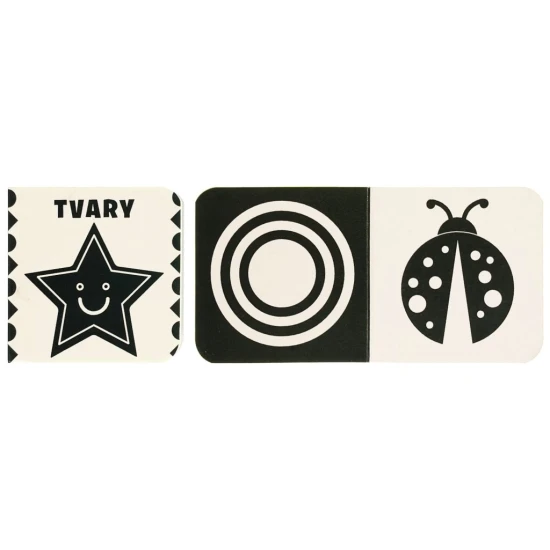 Knižnička s piatimi čiernobielymi leporelami na tému zvieratá, tvary, predmety a iné. Praktický box kontrastných knižiek pre bábätká.