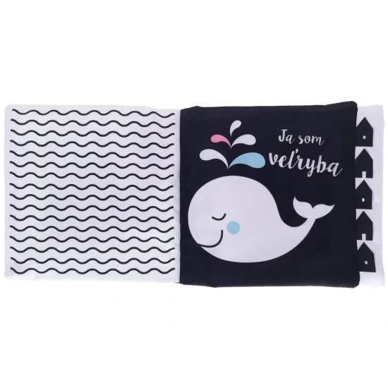 Kuk, bábätko! Látková knižka s čiernobielymi ilustráciami: Veľryba, mačka, včielka