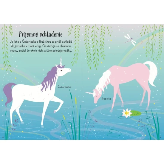 Detská samolepková knižka s jednorožcami a fantazijnými scenériami.