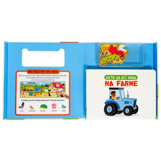 Interaktívna knižka s puzzle prvkami, zvieratkami a farebnými ilustráciami pre rozvoj jemnej motoriky.