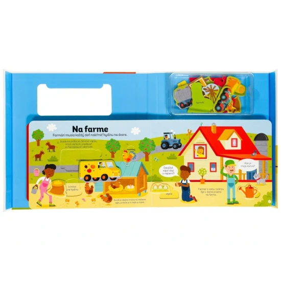 Interaktívna knižka s puzzle prvkami, zvieratkami a farebnými ilustráciami pre rozvoj jemnej motoriky.