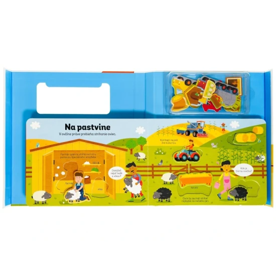 Interaktívna knižka s puzzle prvkami, zvieratkami a farebnými ilustráciami pre rozvoj jemnej motoriky.