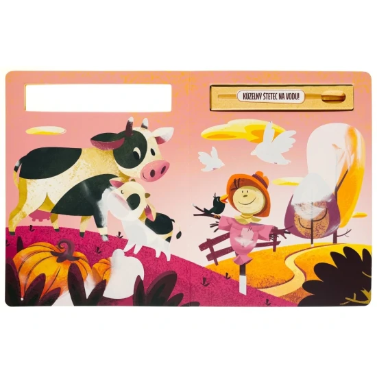 Vzdelávacia knižka na maľovanie vodou s farmárskymi motívmi.