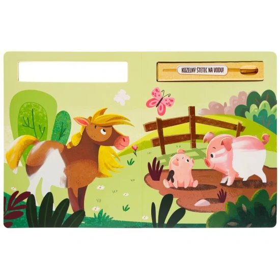 Vzdelávacia knižka na maľovanie vodou s farmárskymi motívmi.