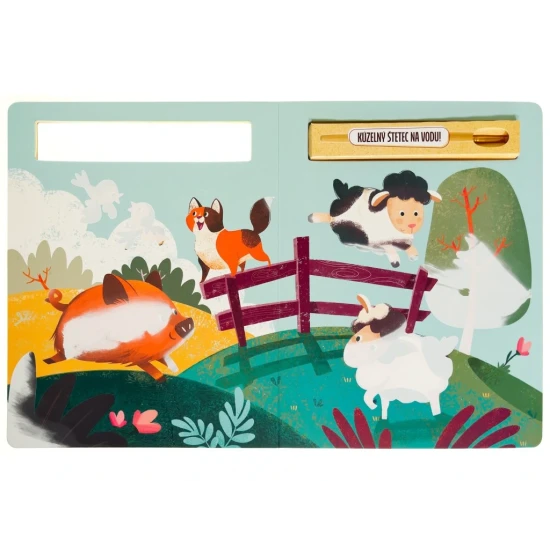 Vzdelávacia knižka na maľovanie vodou s farmárskymi motívmi.