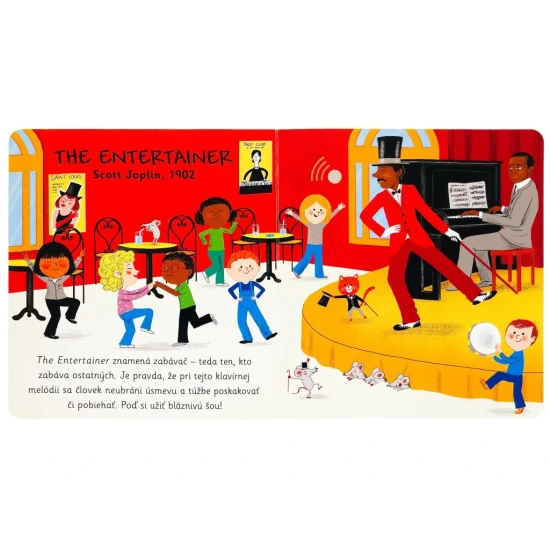 Zvuková leporelová knižka s jazzovými melódiami a hravými ilustráciami.