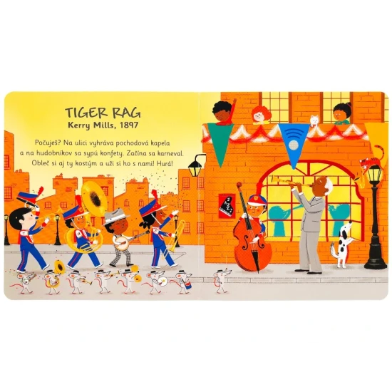 Zvuková leporelová knižka s jazzovými melódiami a hravými ilustráciami.